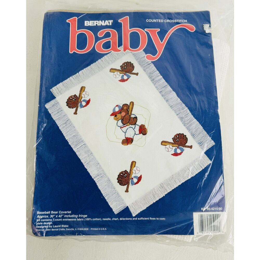 Bernat Baby Counted Crosstitch Baseball Bear Coverlet Craft Kit 30x42"‎ New
